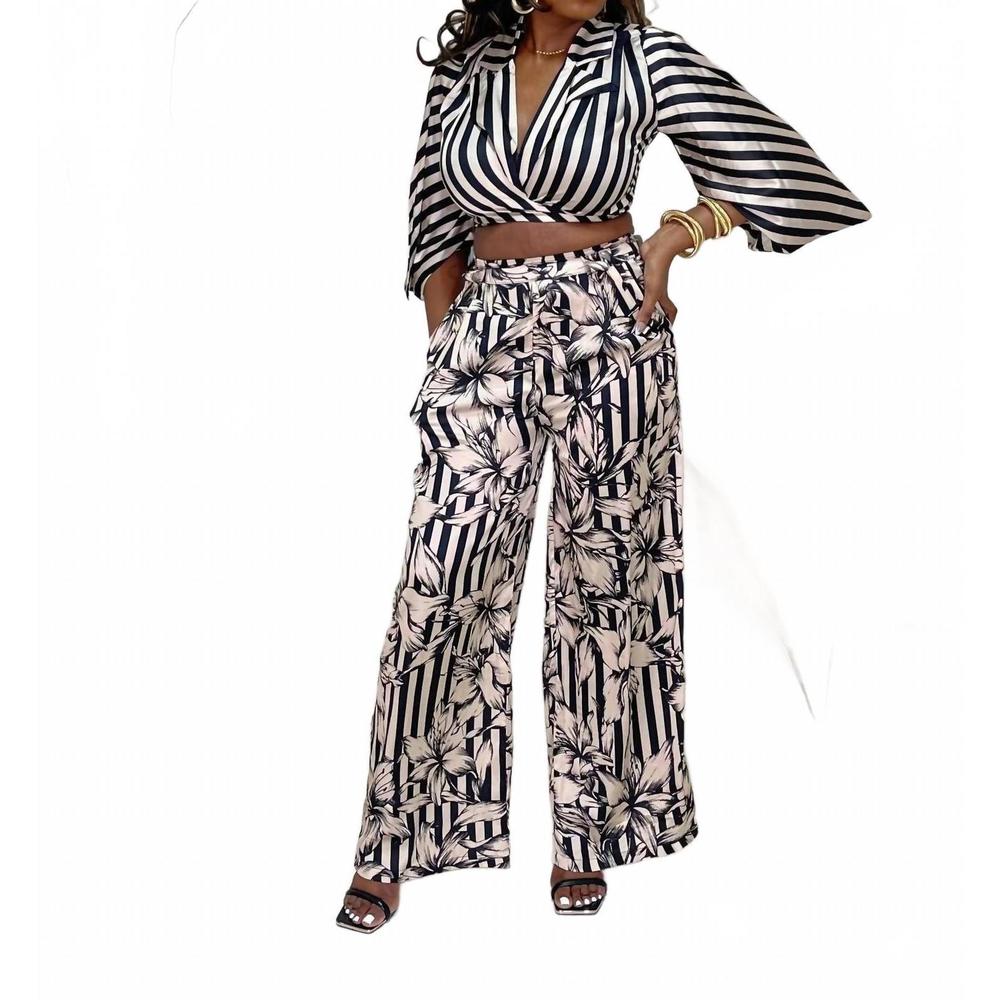 NEW BALBOA lovely one satin striped pant set in black/beige